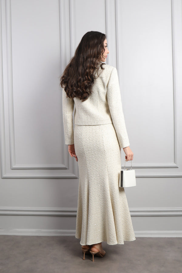 Yakası Bağlamalı Cepleri İnci İşlemeli Çanta Aksesuar Detaylı Tüvit Etek Takım Ekru