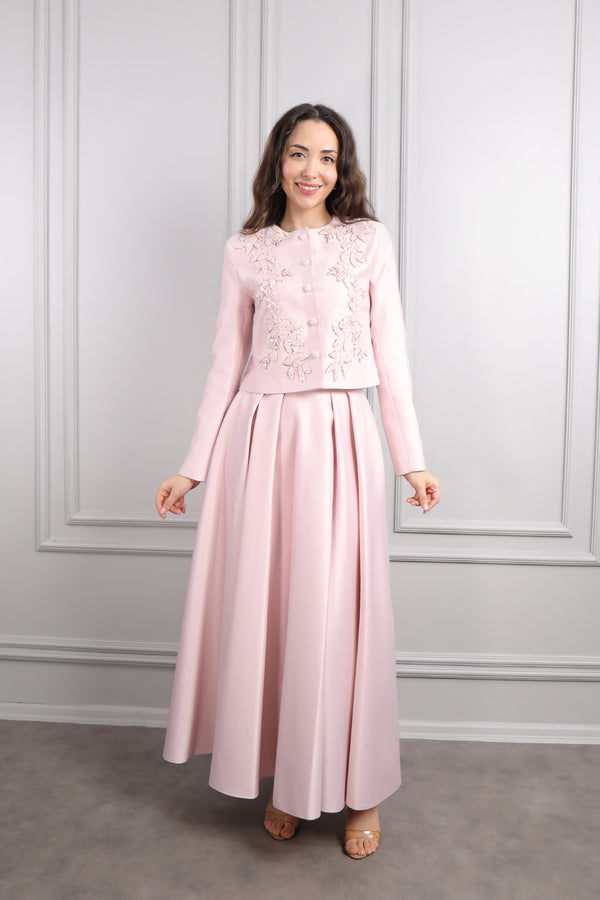 Ceketi Düğme Detaylı Boncuk İşlemeli Etek Takım Pudra