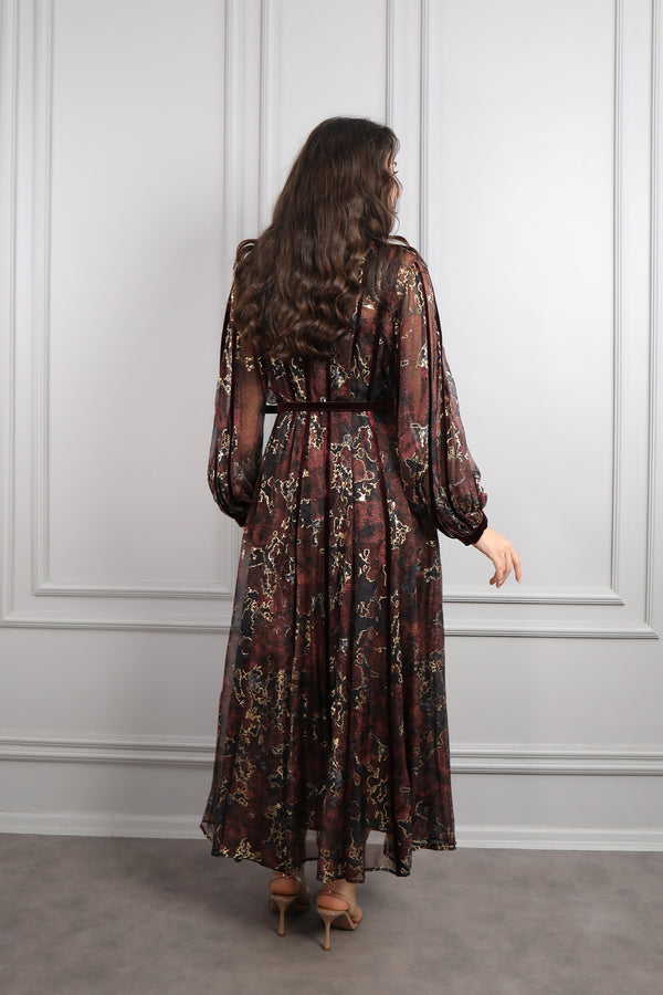 Beli Kemerli Kadife Detaylı Desenli Büyük Beden Şifon Elbise Gold