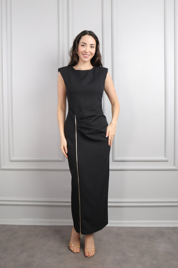 Omuzu Vatkalı Yırtmacı Fermuar Detaylı Elbise Siyah