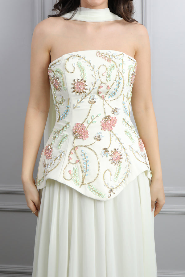 Straplez Korsesi Taş İşlemeli Fular Detaylı Şifon Abiye Kemik