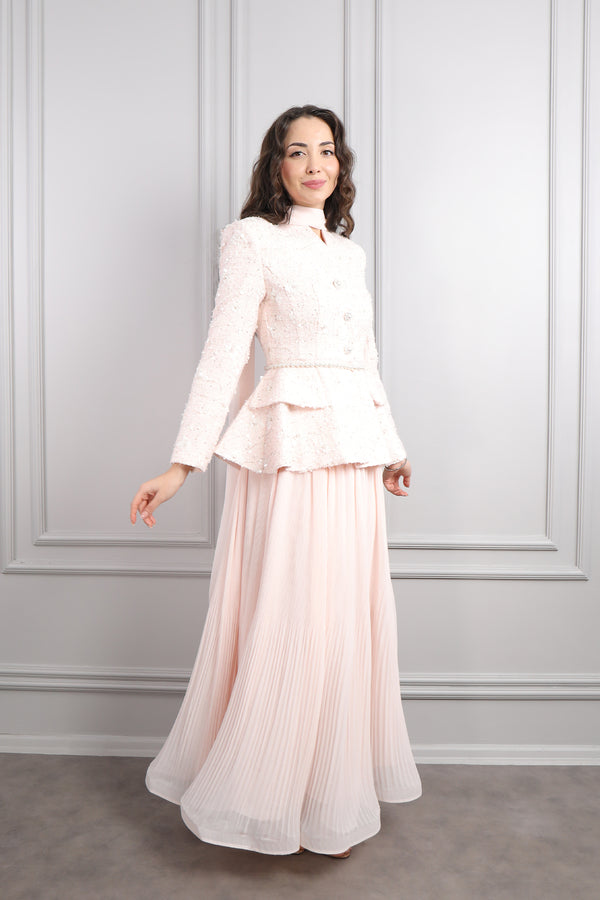 Önü Düğme Detaylı İnci Kemerli Tüvit Etek Takım Pudra