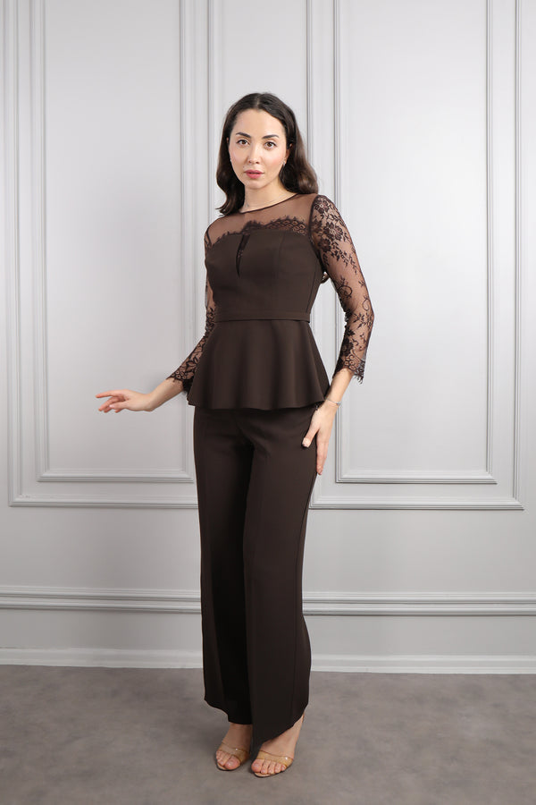 Beli Kemerli Trasparan Detaylı Pantolon Takım Kahve