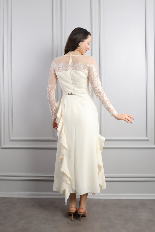 Kolları Transparan Dantel Detaylı Fırfırlı Elbise Ekru