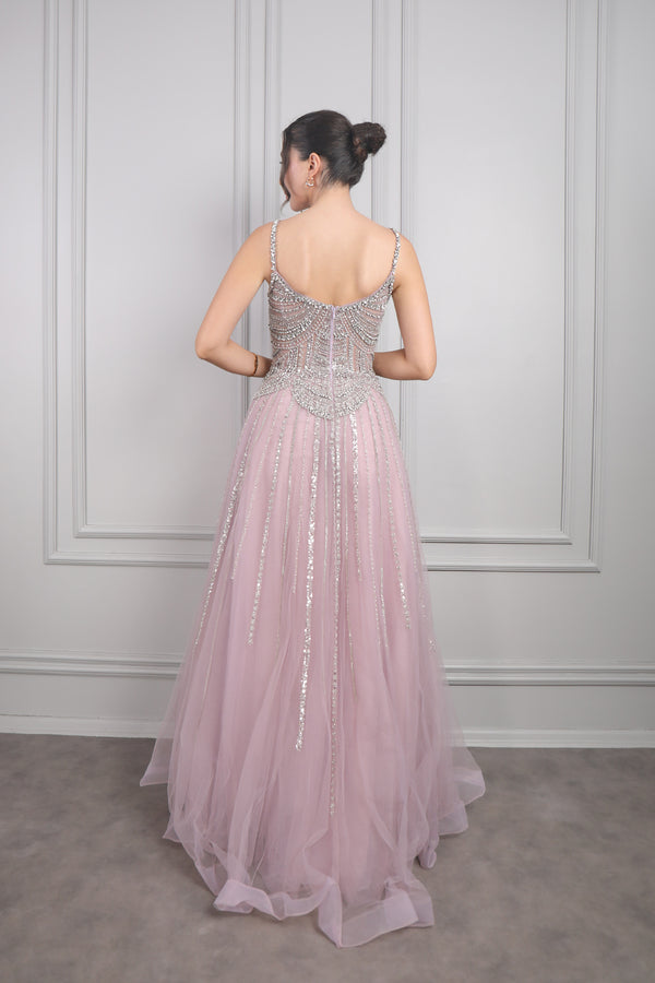 İnce Askılı Taş Ve Boncuk İşlemeli Tüllü Büyük Beden Tasarım Abiye Mor