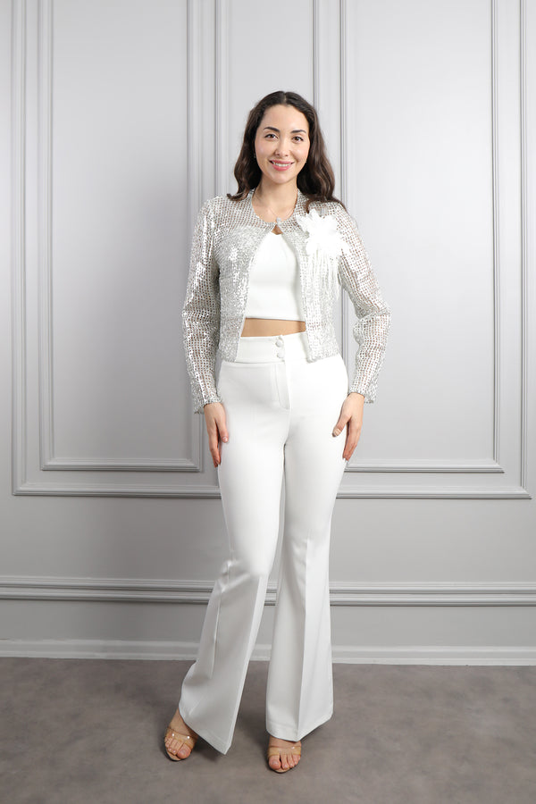 Ceketi File Görünümlü Çiçek Detaylı Üçlü Pantolon Takım Ekru