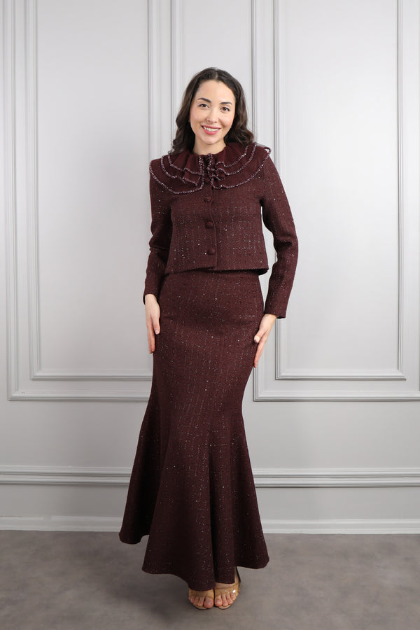 Bebe Yaka Önü Düğmeli Tüvit Etek Takım Vişne