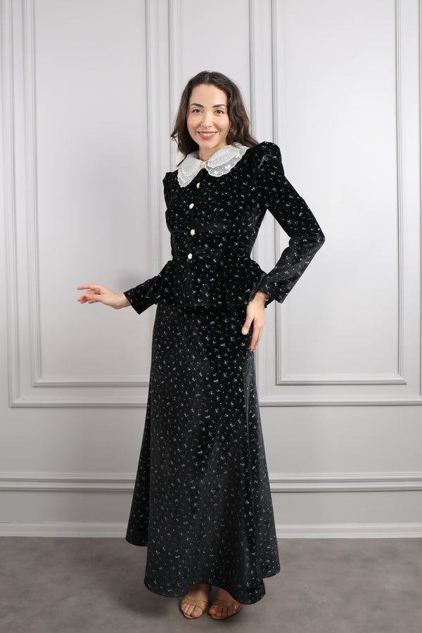 Bebe Yaka Önü Düğmeli Desenli Kadife Etek Takım Siyah-mavi