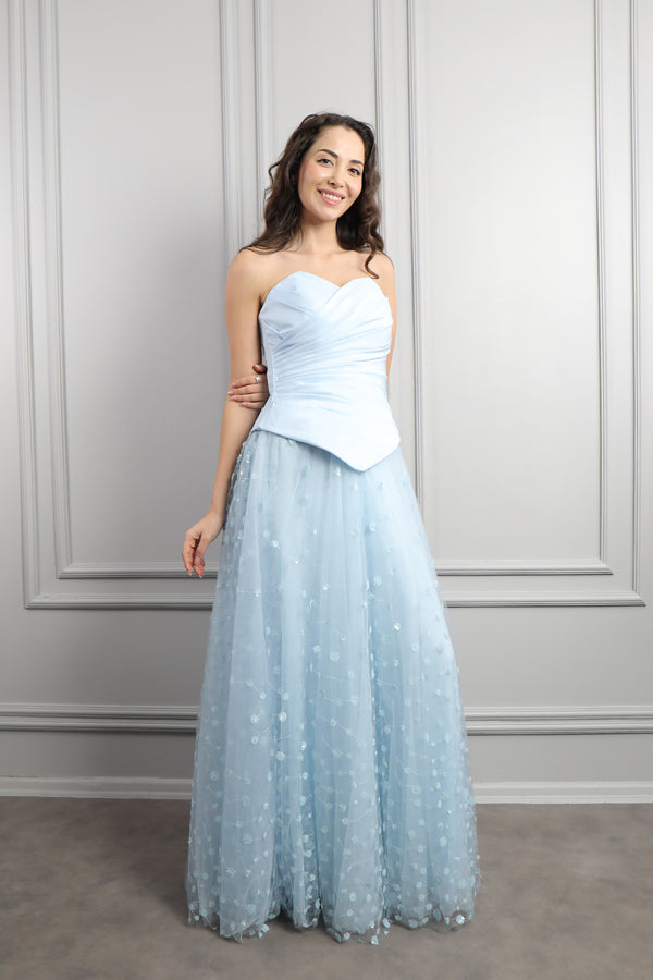 Straplez Drapeli Fular Detaylı Eteği Tüllü Abiye Bebe-Mavi