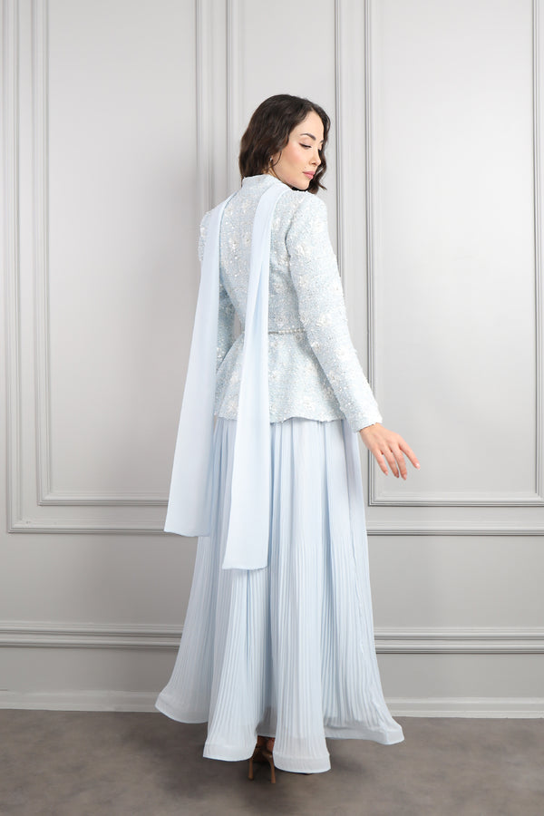 Önü Düğme Detaylı İnci Kemerli Tüvit Etek Takım Mavi