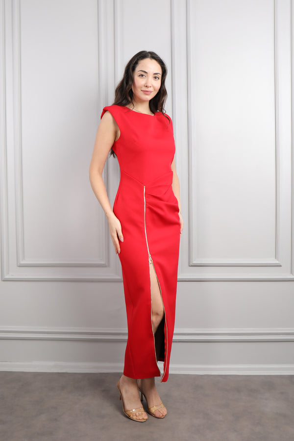 Omuzu Vatkalı Yırtmacı Fermuar Detaylı Elbise Kırmızı