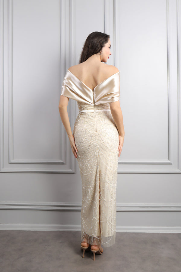 Kayık Yaka Boncuk İşlemeli Abiye Bej