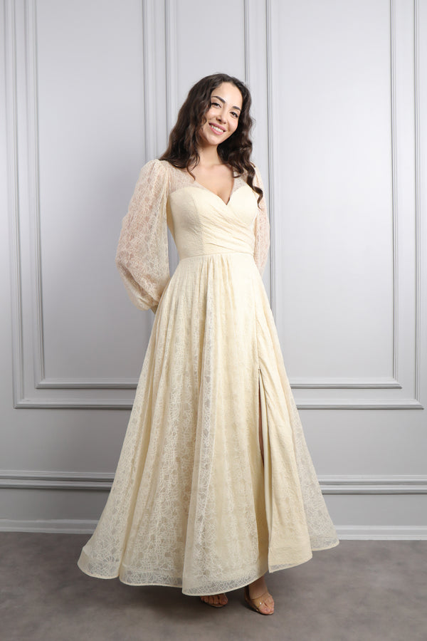 V Yaka Balon Kol Yırtmaçlı Büyük Beden Midi Boy Abiye Bej