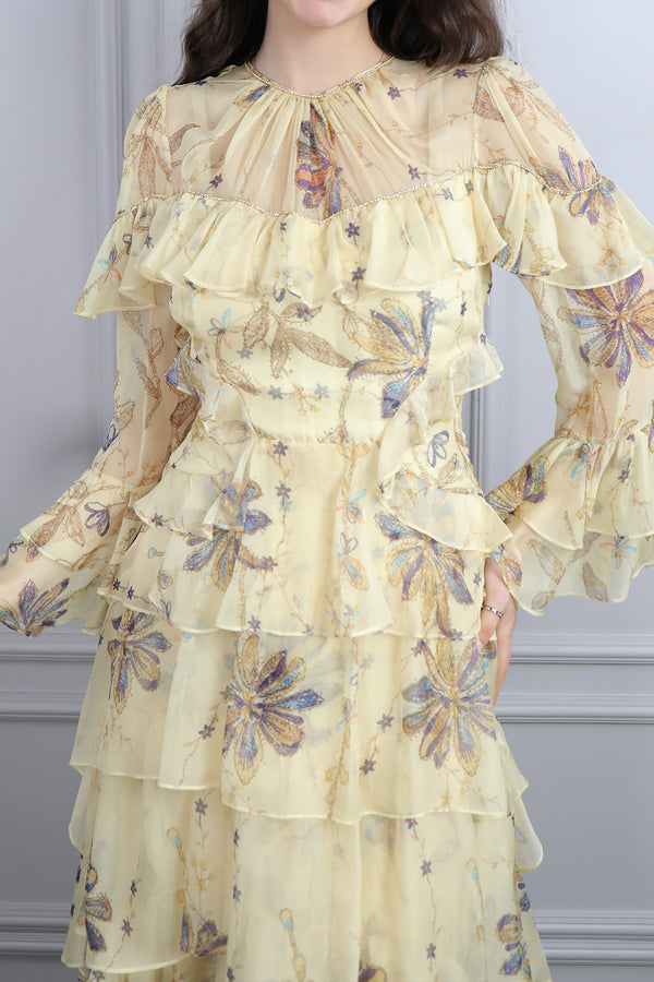 Oval Yaka Fırfırlı Desenli Büyük Beden Şifon Elbise Sarı