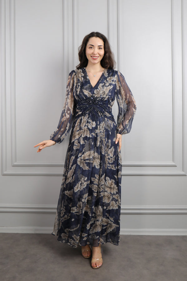 V Yaka Beli Boncuk İşlemeli Desenli Büyük Beden Şifon Elbise Lacivert