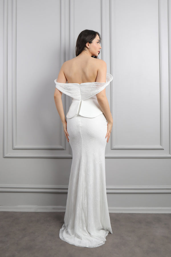 Kayık Yaka Taş Deatylı Dantelli Balık Model Abiye Krem