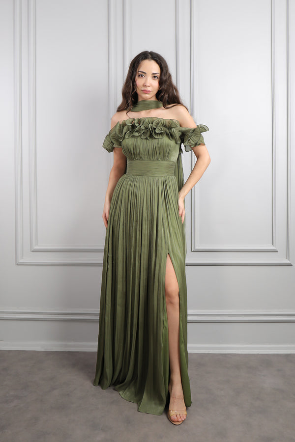 Kayık Yaka Volanlı Fular Detaylı Şifon Abiye Haki