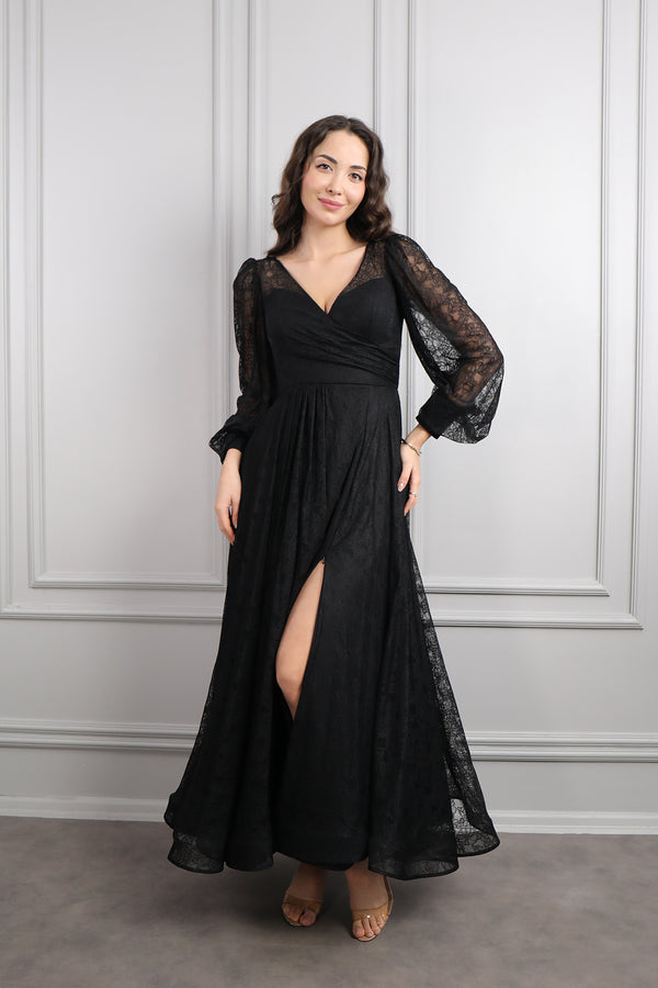 V Yaka Balon Kol Yırtmaçlı Büyük Beden Midi Boy Abiye Siyah