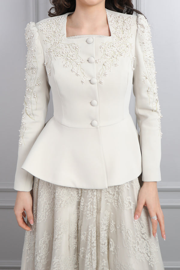 Ceketi İnci İşlemeli Dantelli Elbise Takım Bej