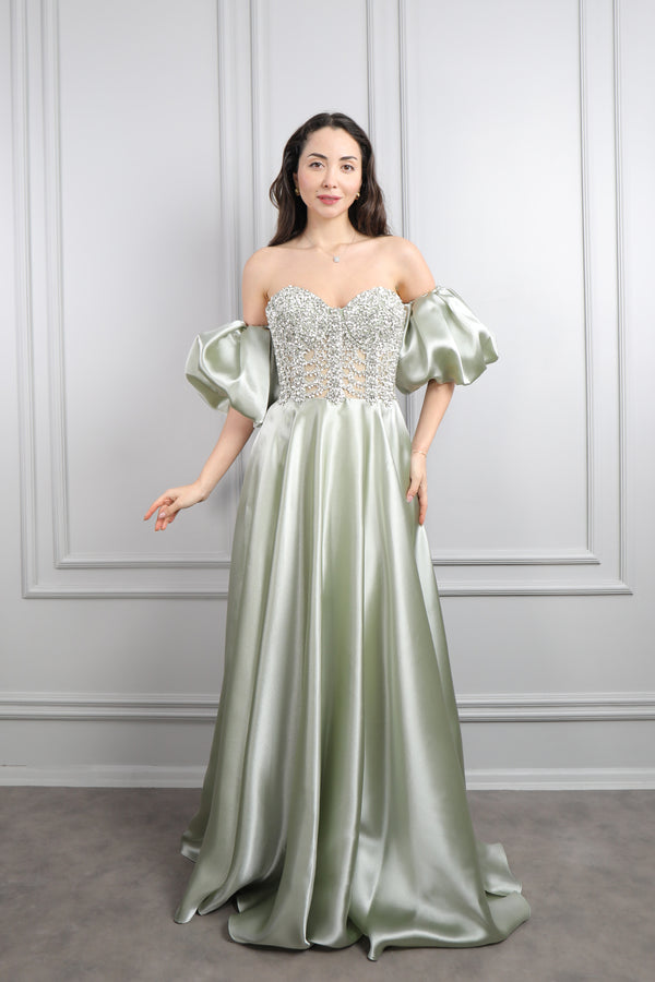 Straplez Taş Detaylı Kolları Hareketli Saten Abiye Çağla Yeşili