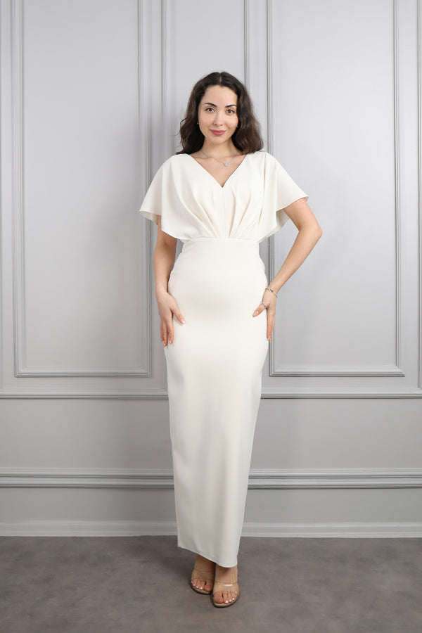 Yarasa Kol Taş İşlemeli Korsesi Pelerin Detaylı Abiye Bej