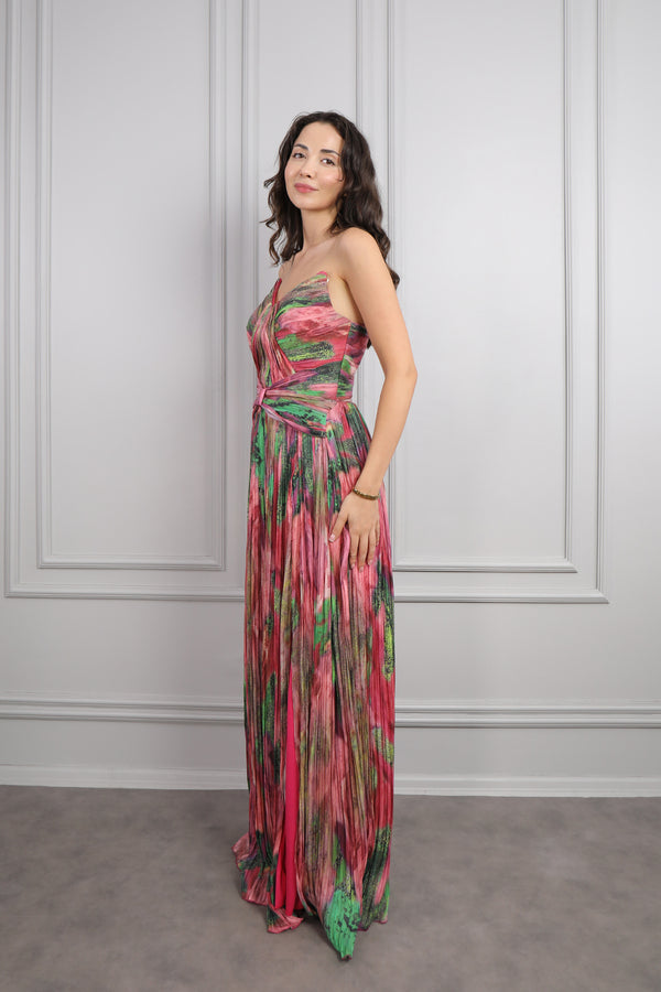 Straplez Drape Detaylı Desenli Abiye Fuşya