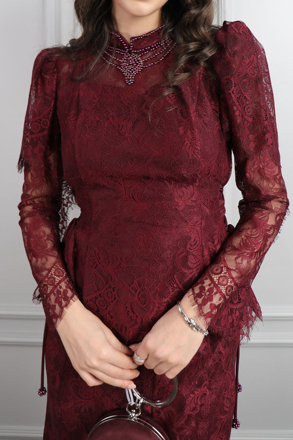 Hakim Yaka İnci İşlemeli Dantelli Etek Takım Vişne