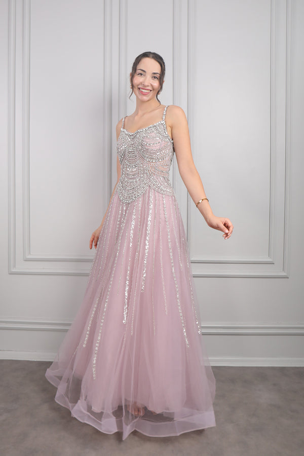 İnce Askılı Taş Ve Boncuk İşlemeli Tüllü Büyük Beden Tasarım Abiye Mor