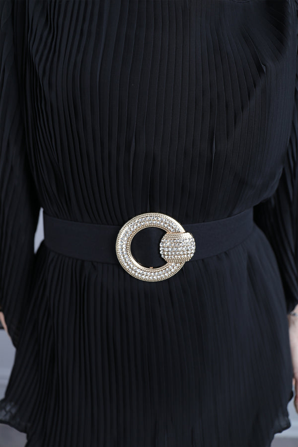 Geniş Yaka Beli Kemerli Pileli Büyük Beden Pantolon Takım Siyah