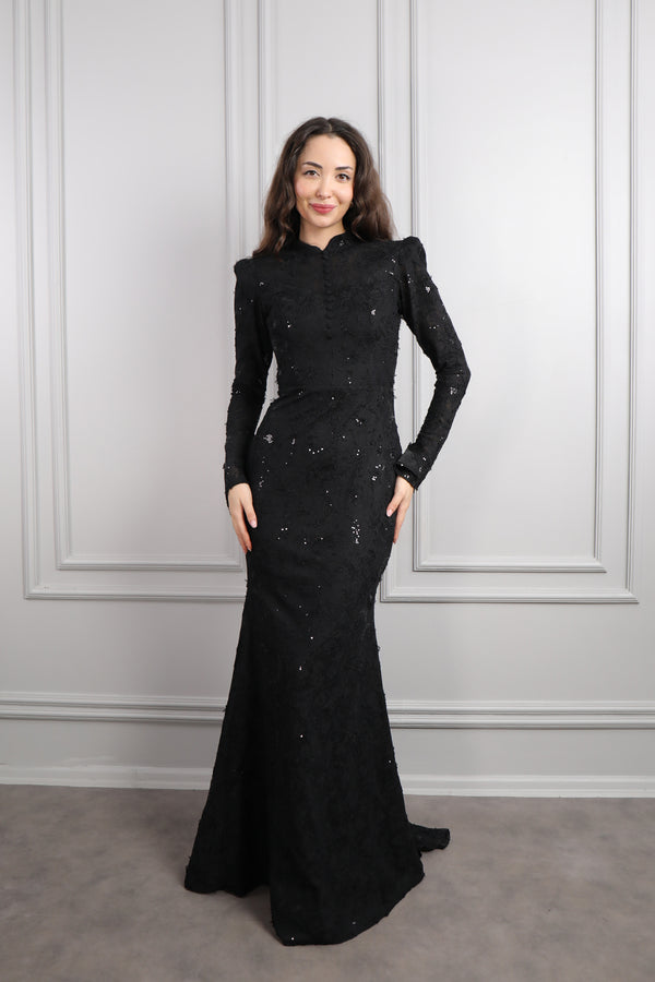 Hakim Yaka Önü Düğmeli Korse Detaylı Dantelli Abiye Siyah