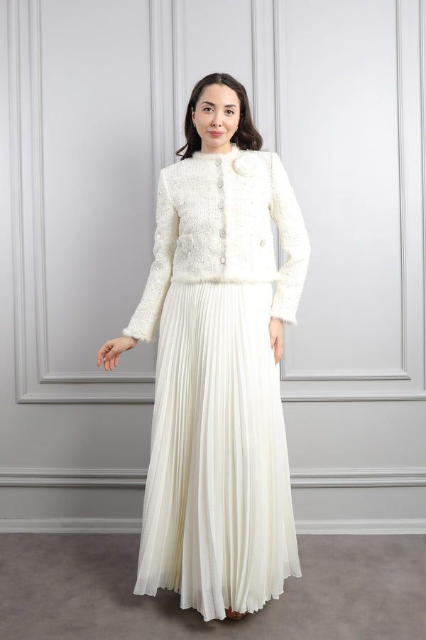 Ceketi Düğme Detaylı Tüvit Elbise Takım Ekru