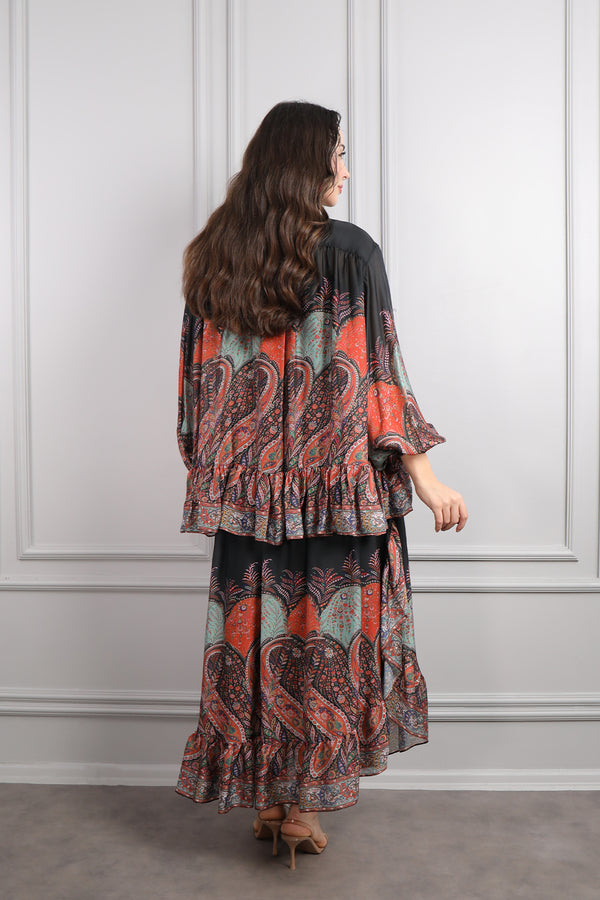 Yakası Bağlamalı Desenli Şifon Etek Takım Turuncu