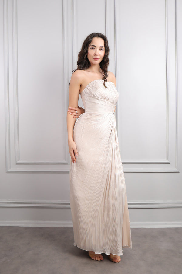 Straplez Beli Boncuk İşlemeli Pileli Şifon Abiye Bej