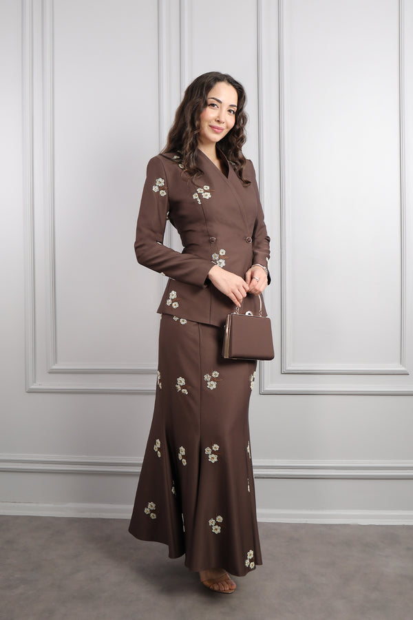 Boncuk İşlemeli Çanta Aksesuar Detaylı Etek Takım Kahve