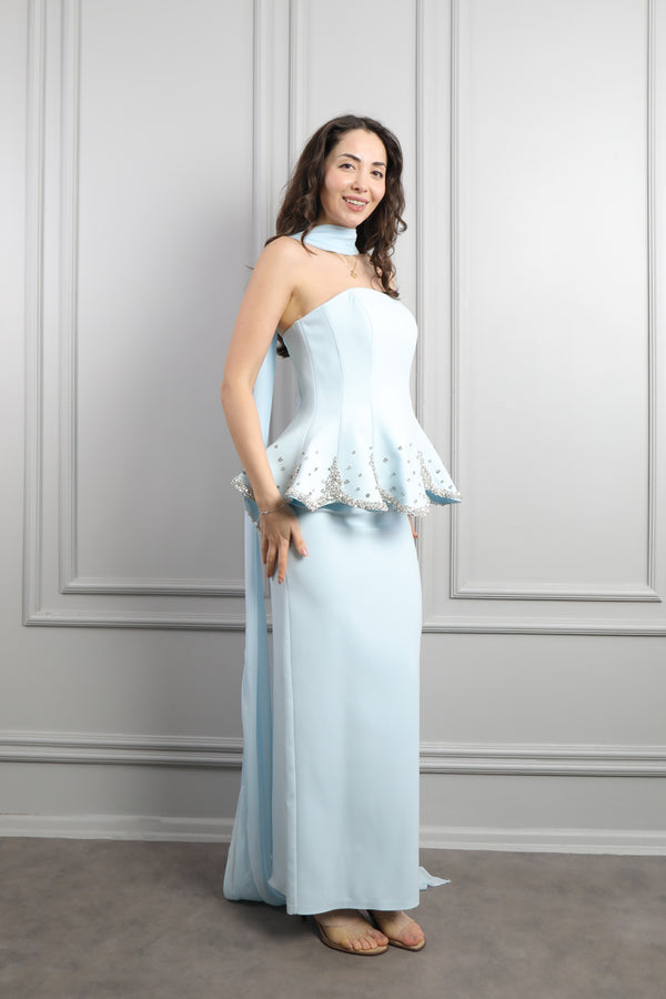 Straplez Taş İşlemeli Fular Detaylı Abiye Mavi