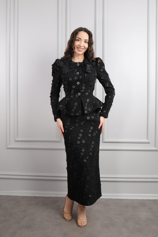 Bebe Yaka Çiçek Detaylı Tüvit Etek Takım Siyah