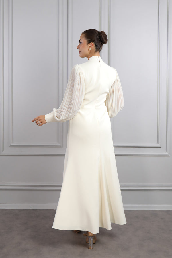 Önü Boncuk İşlemeli Balon Kol Elbise Ekru