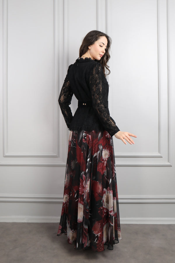 Beli Kemerli Dantelli Desenli Büyük Beden Şifon Elbise Siyah-Bordo