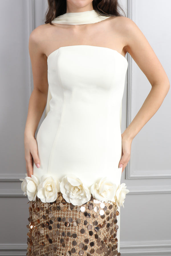 Straplez Fular Detaylı Eteği Payetli Abiye Ekru-Gold