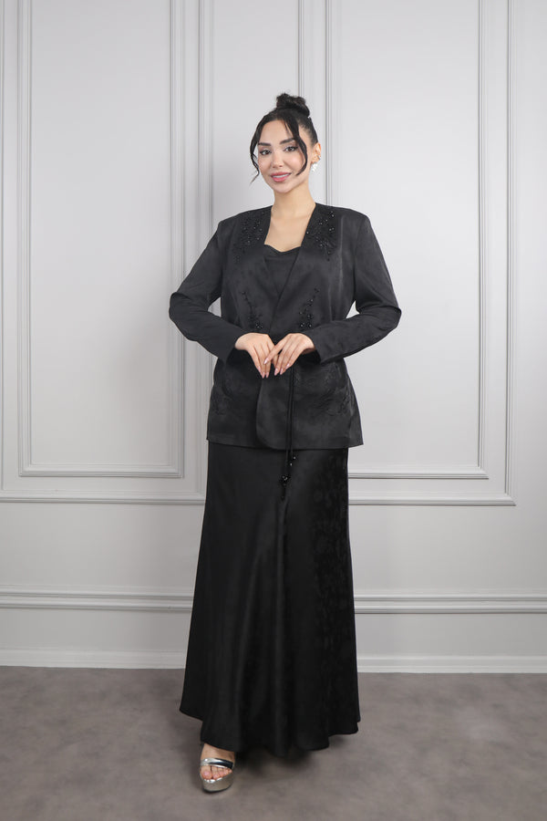 Ceketi Boncuk İşlemeli Desenli Beli Kuşaklı Büyük Beden Saten Etek Takım Siyah
