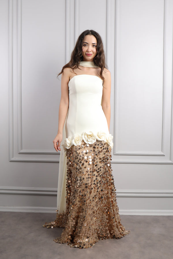 Straplez Fular Detaylı Eteği Payetli Abiye Ekru-Gold