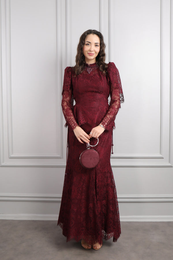 Hakim Yaka İnci İşlemeli Dantelli Etek Takım Vişne