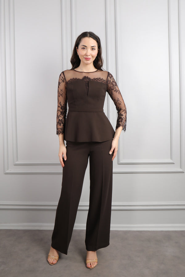 Beli Kemerli Trasparan Detaylı Pantolon Takım Kahve