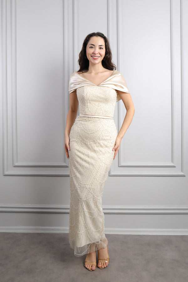 Kayık Yaka Boncuk İşlemeli Abiye Bej