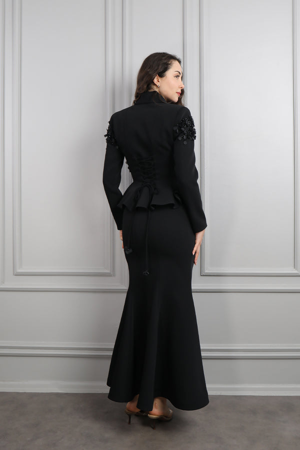 Ceketi İşlemeli Sırtı Bağlamalı Etek Takım Siyah