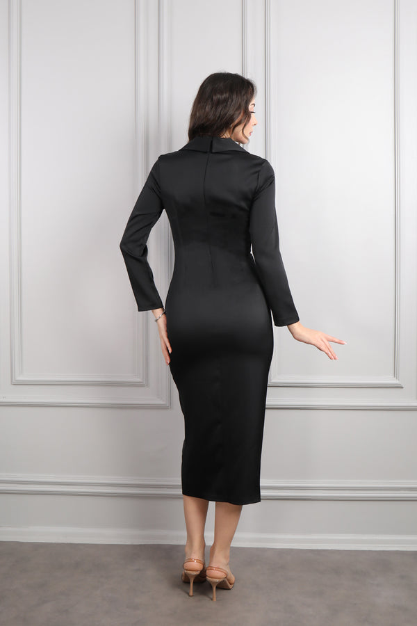 Beli Düğüm Detaylı Dantelli Midi Boy Saten Elbise Siyah