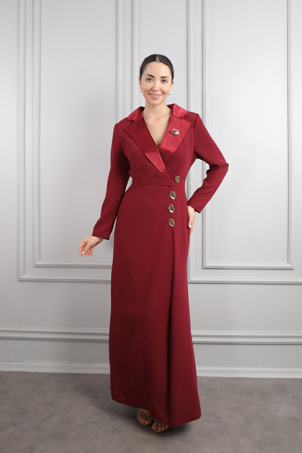 Önü Gold Düğme Detaylı Büyük Beden Elbise Bordo