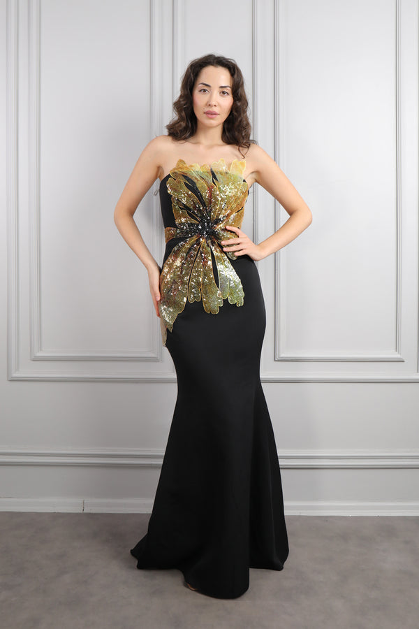 Straplez Önü Çiçek Detaylı Abiye Siyah