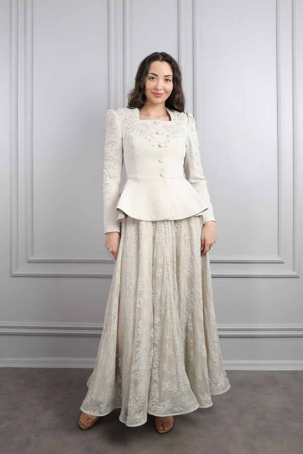 Ceketi İnci İşlemeli Dantelli Elbise Takım Bej