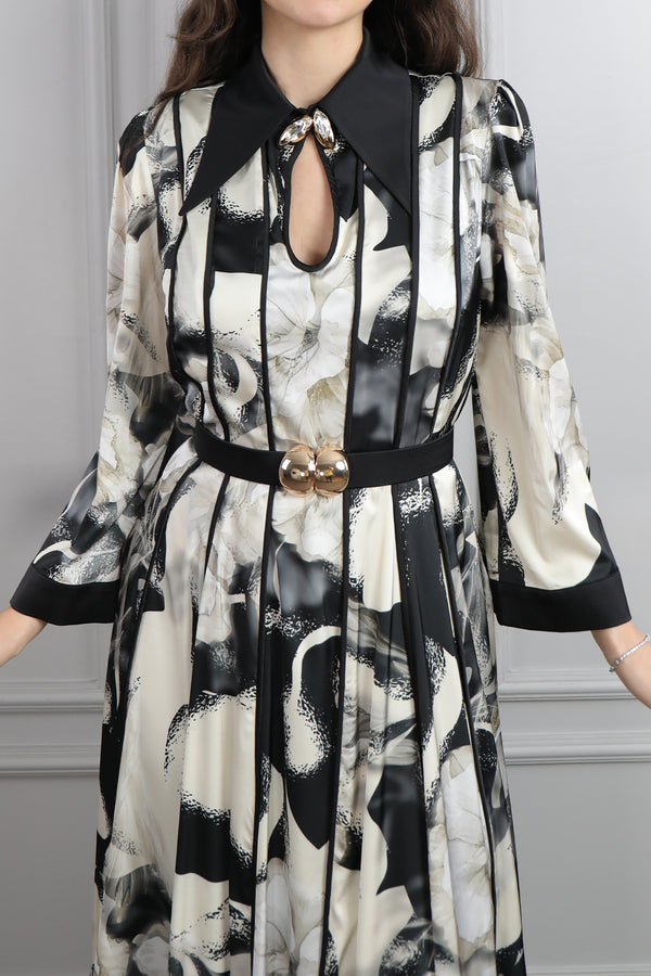 Gömlek Yaka Beli Kemerli Desenli Büyük Beden Saten Elbise Siyah